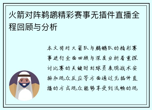 火箭对阵鹈鹕精彩赛事无插件直播全程回顾与分析